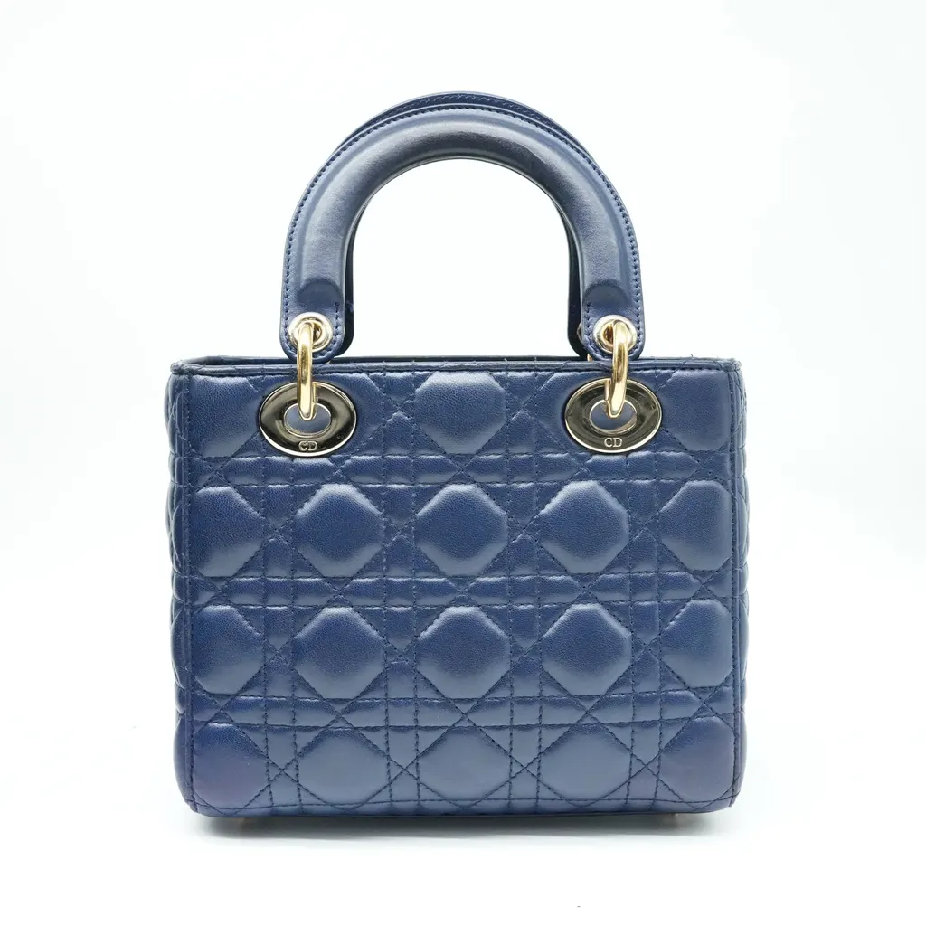 Dior Navy Blue Color Small Lady Dior Lambskin Leather Satchel Bag Blue Good - Inside View