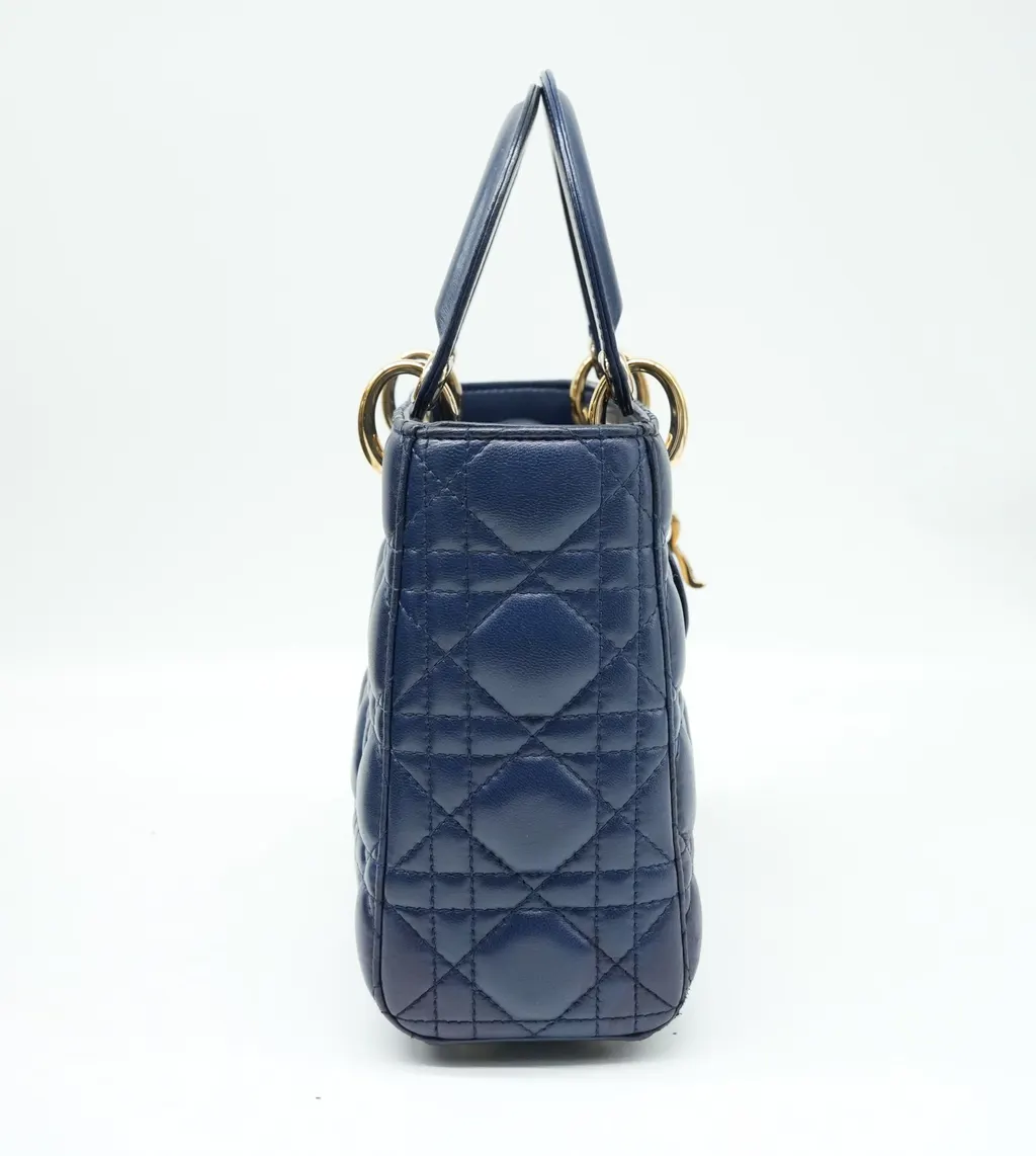 Dior Navy Blue Color Small Lady Dior Lambskin Leather Satchel Bag Blue Good - Model View