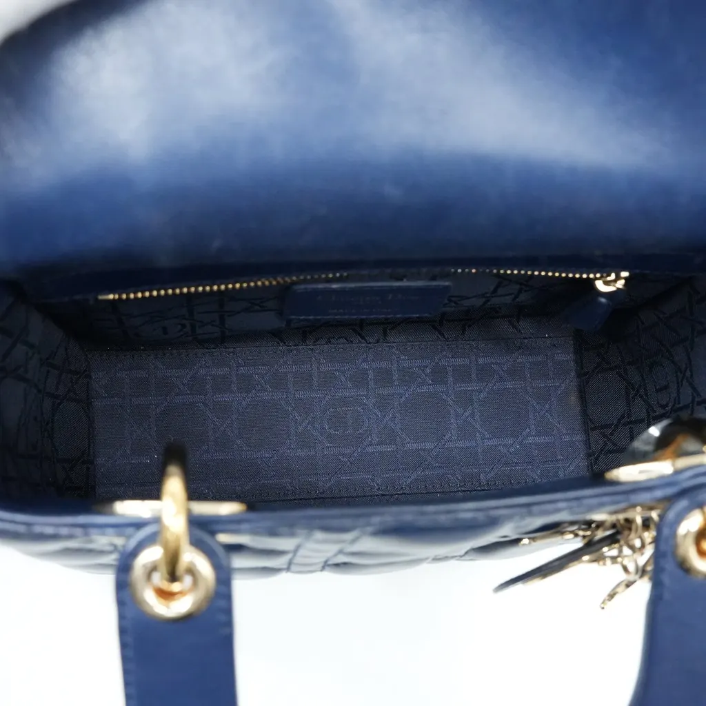 Dior Navy Blue Color Small Lady Dior Lambskin Leather Satchel Bag Blue Good - Box View