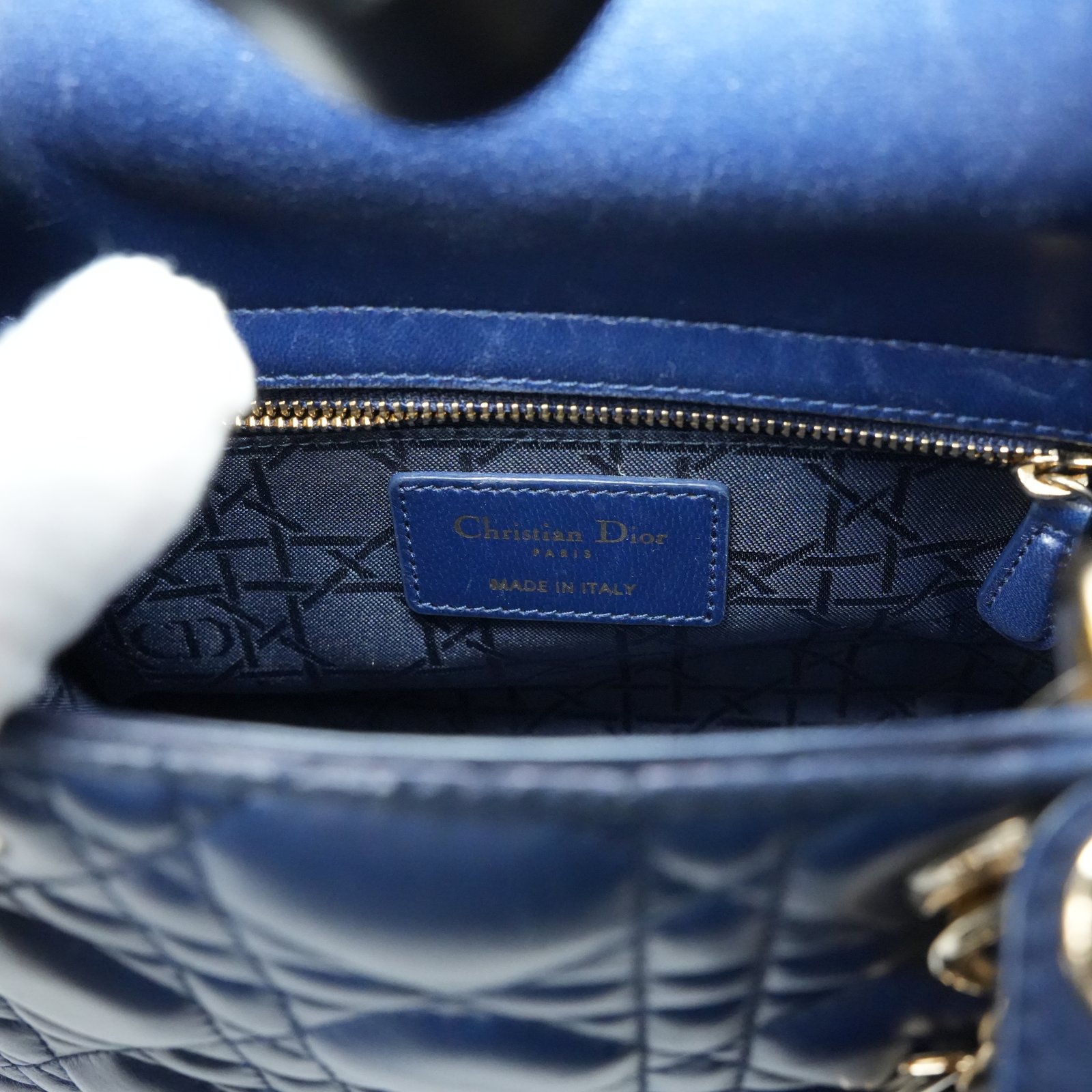 Christian Dior Navy Blue Color Small Lady Dior Lambskin Leather Satchel Bag - Detail 1