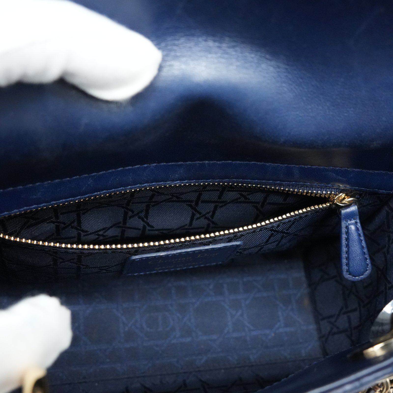 Christian Dior Navy Blue Color Small Lady Dior Lambskin Leather Satchel Bag - Detail 2