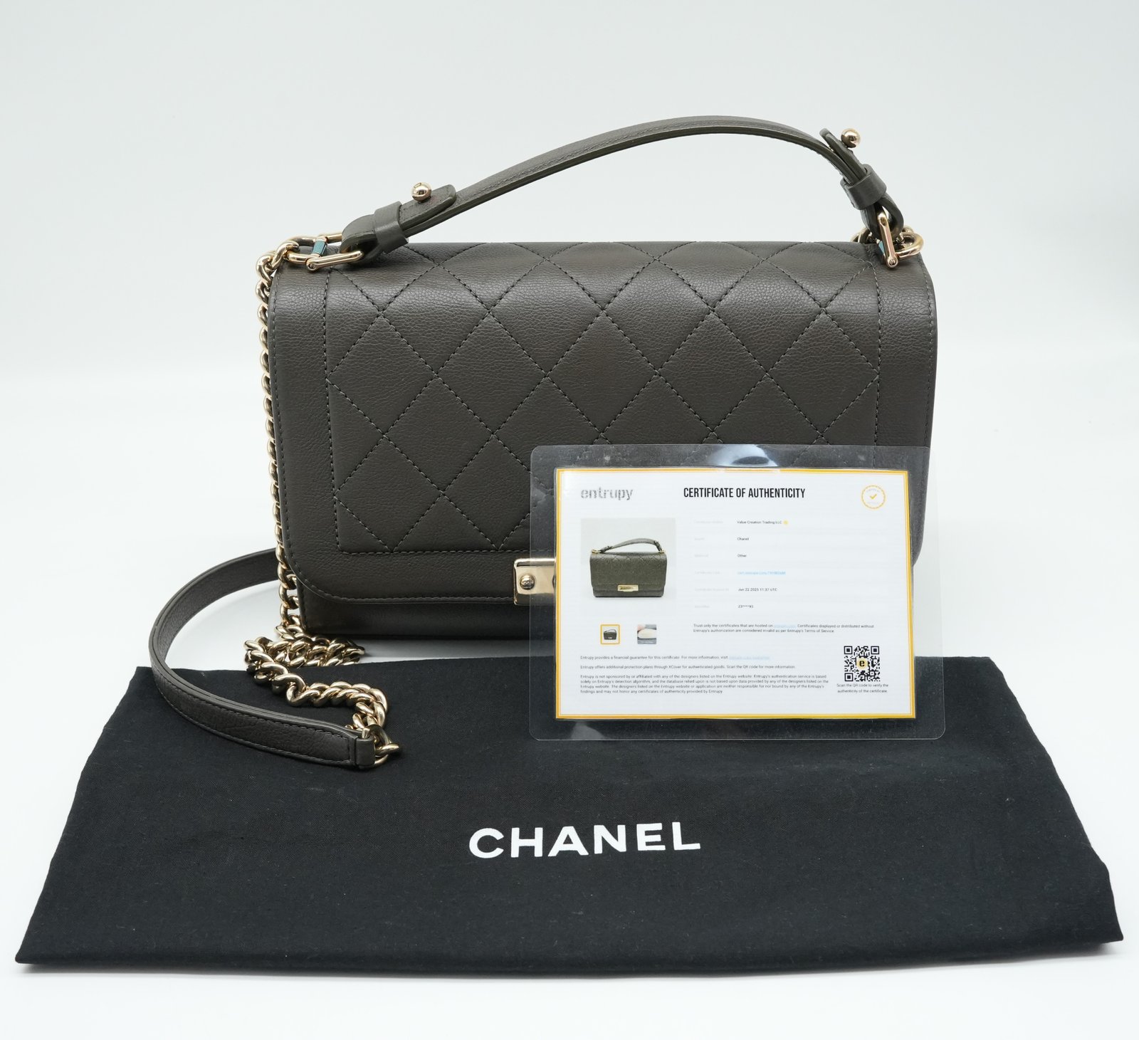 Chanel Grained Calfskin Quilted Medium Label Click Flap Bag Khaki - Image 15