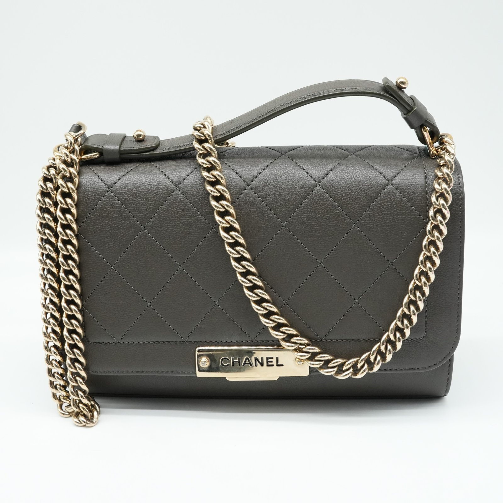 Chanel Grained Calfskin Quilted Medium Label Click Flap Bag Khaki - Image 16