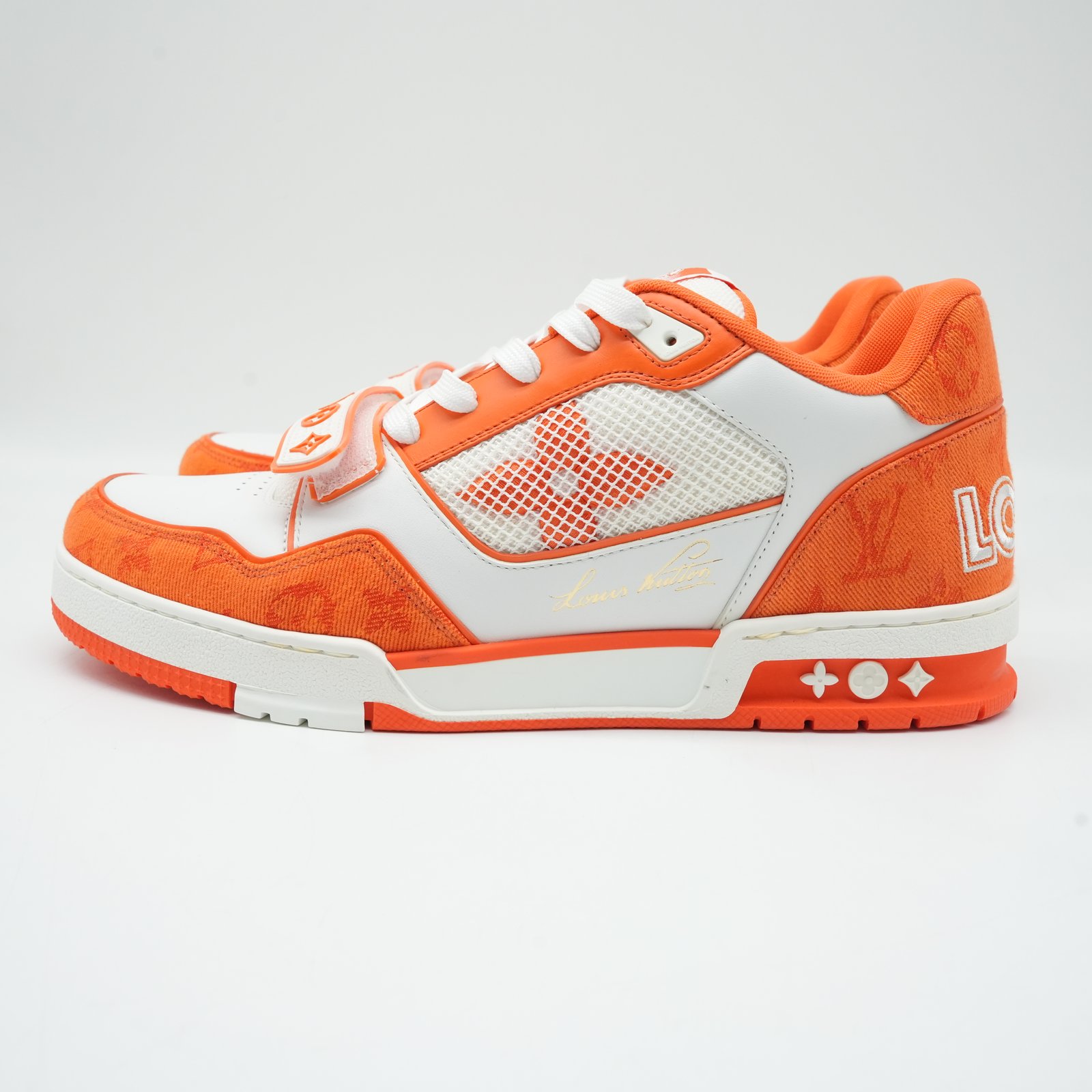 Louis vuitton Orange/White Denim and Leather LV trainer Sneakers GO-0222 Size:9 - Back view