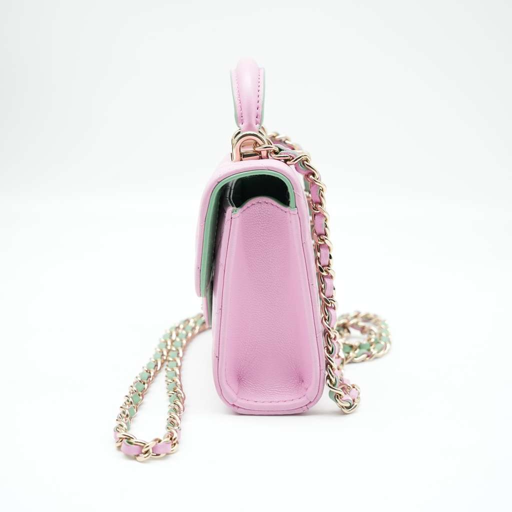Chanel Pink & Green Lambskin Mini Matresse Top Handle Bag with Gold Hardware - Back view