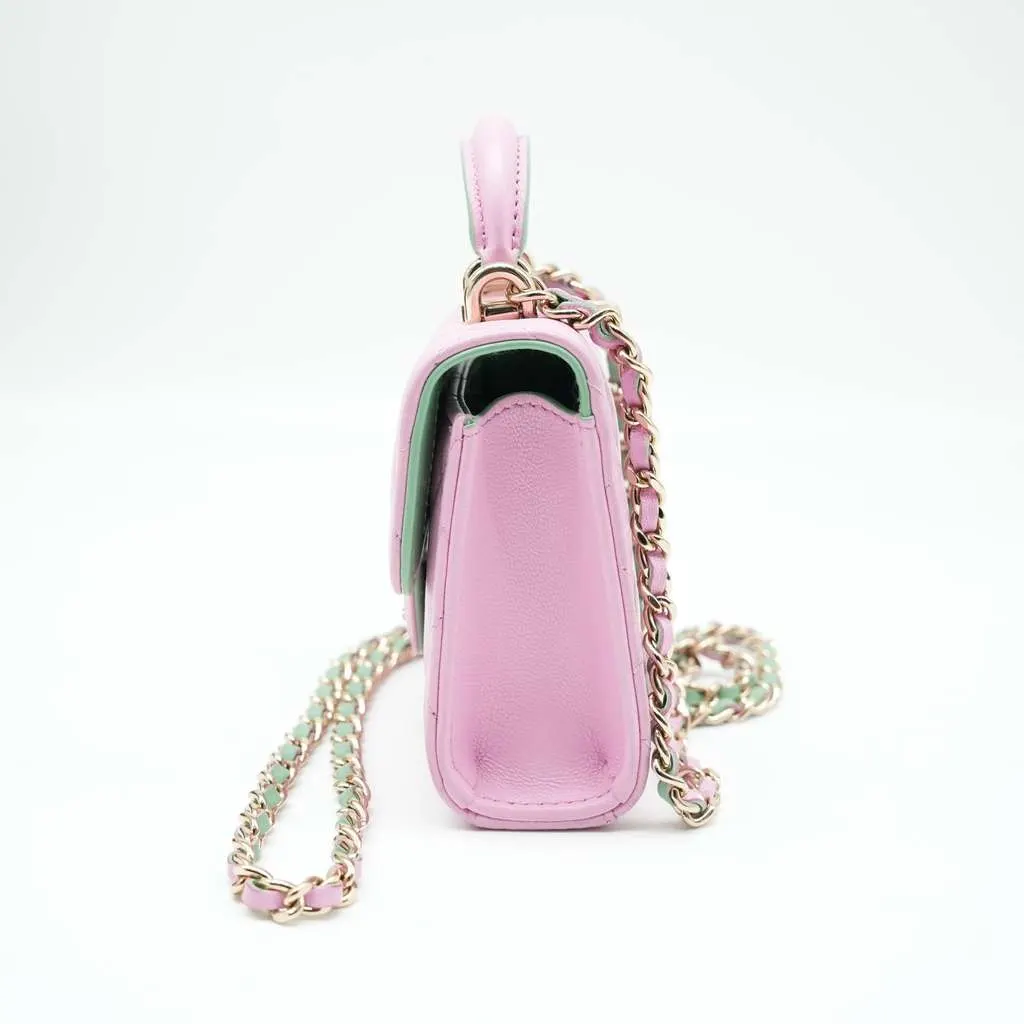Chanel Pink & Green Lambskin Mini Matresse Top Handle Bag with Gold Hardware Pink Leather Good - Back View