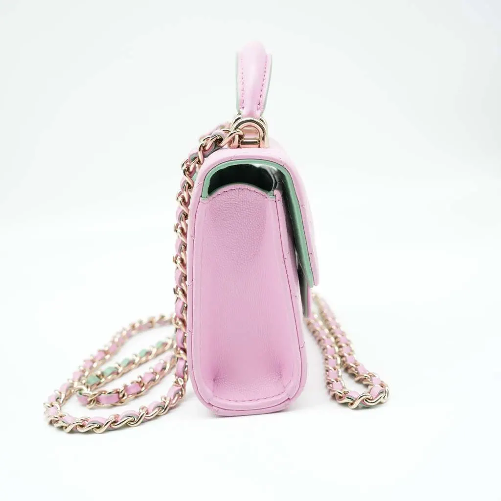 Chanel Pink & Green Lambskin Mini Matresse Top Handle Bag with Gold Hardware Pink Leather Good - Model View