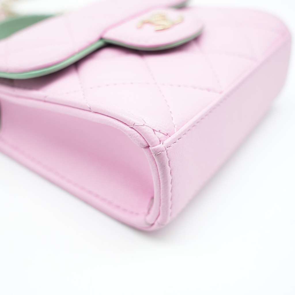 Chanel Pink & Green Lambskin Mini Matresse Top Handle Bag with Gold Hardware - Detail 2