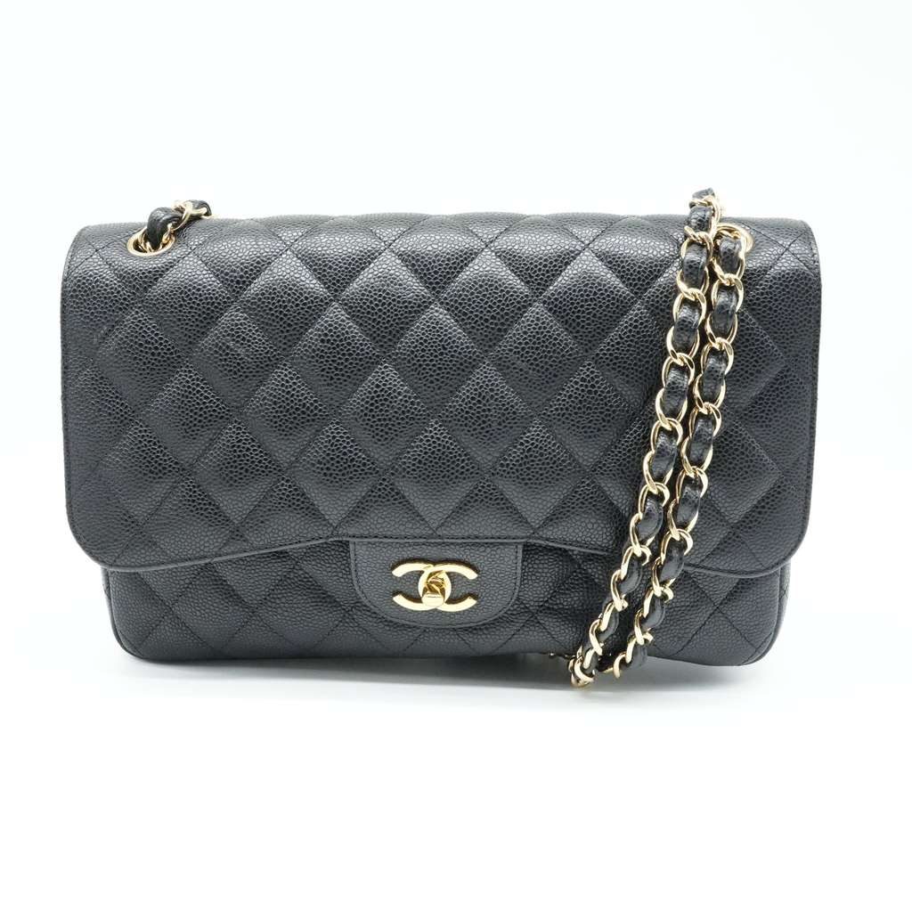 Chanel Black Jumbo Classic Double Flap Bag Quilted Caviar Leather