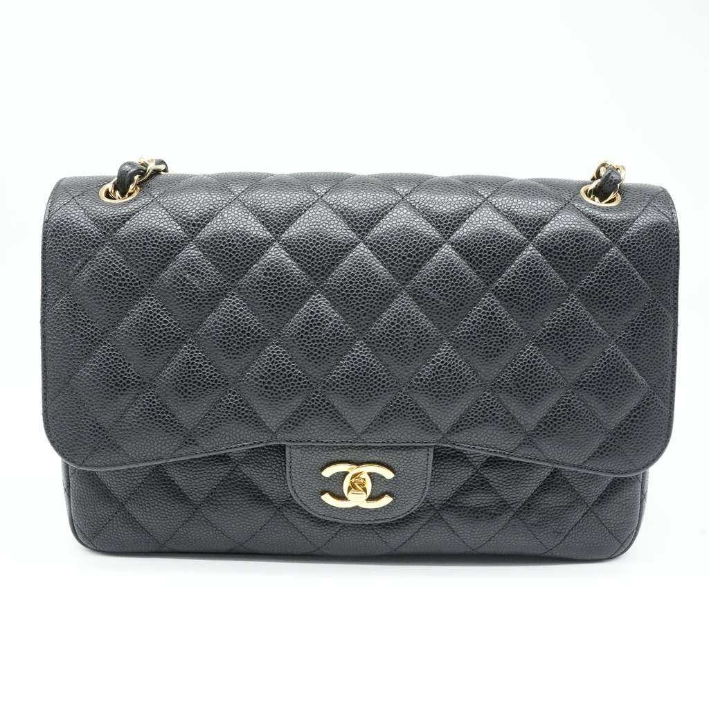 Chanel Black Jumbo Classic Double Flap Bag Quilted Caviar Leather - Back view