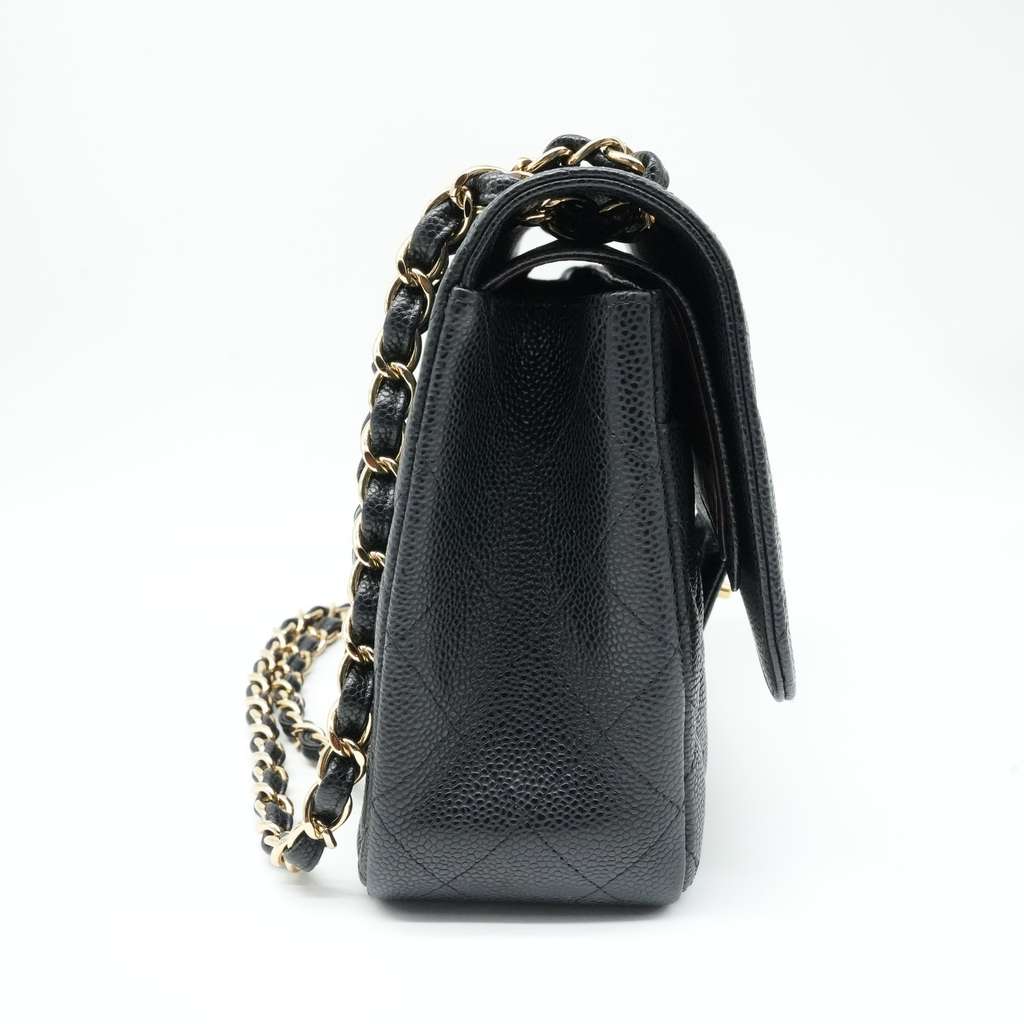 Chanel Black Jumbo Classic Double Flap Bag Quilted Caviar Leather - Side view