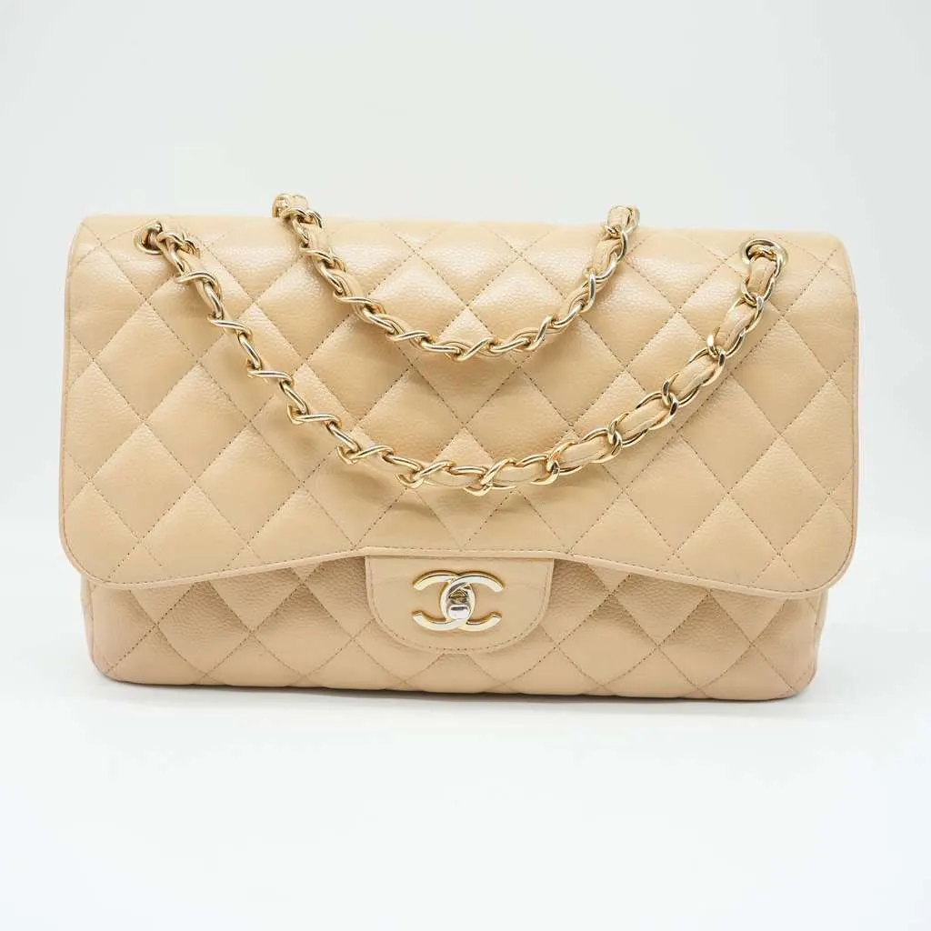 Chanel Classic Jumbo Caviar Leather Beige Gold Hardware Beige Good - Back View