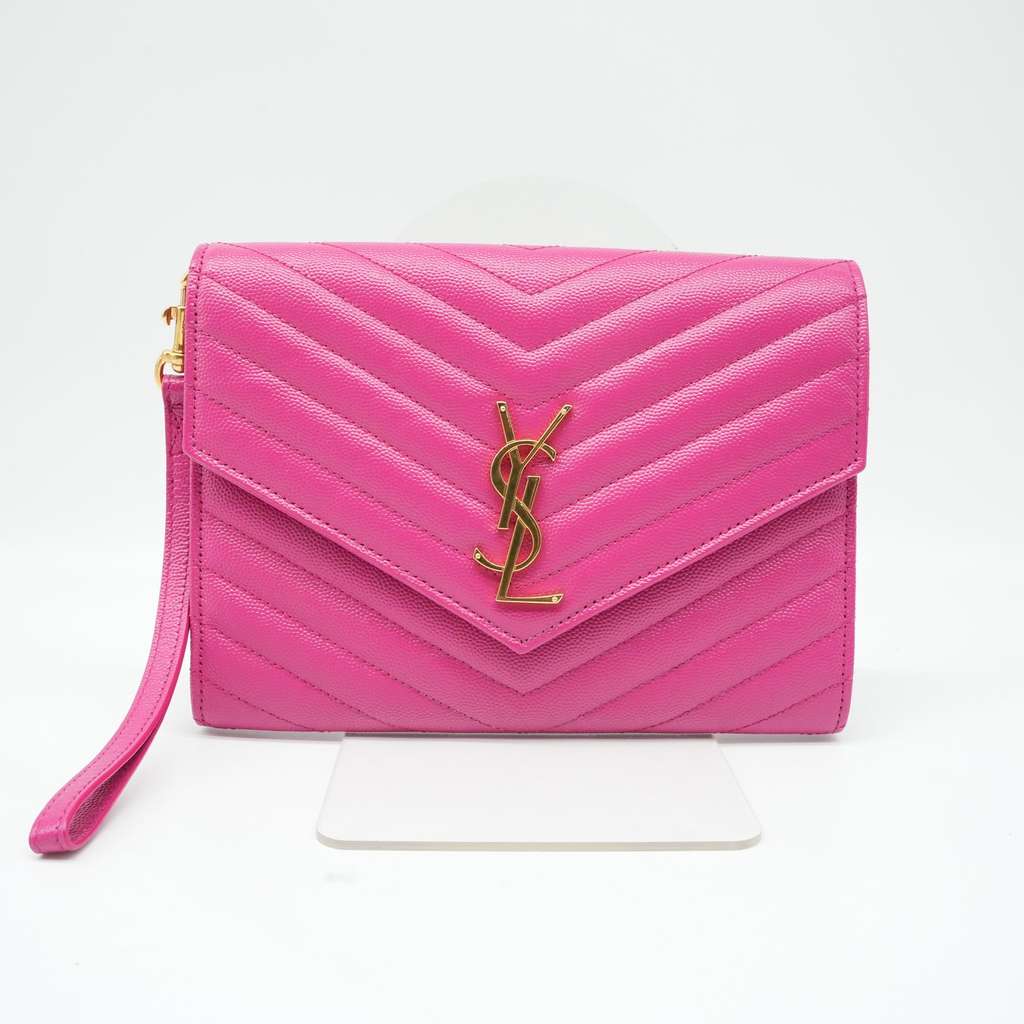 Saint Laurent Grain De Poudre Matelasse Chevron Monogram Envelope Clutch Fuxia Couture
