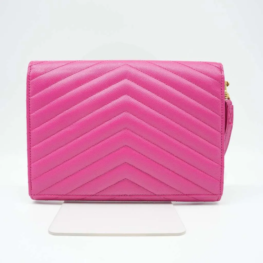 Saint Laurent Grain De Poudre Matelasse Chevron Monogram Envelope Clutch Fuxia Couture Pink Good - Inside View