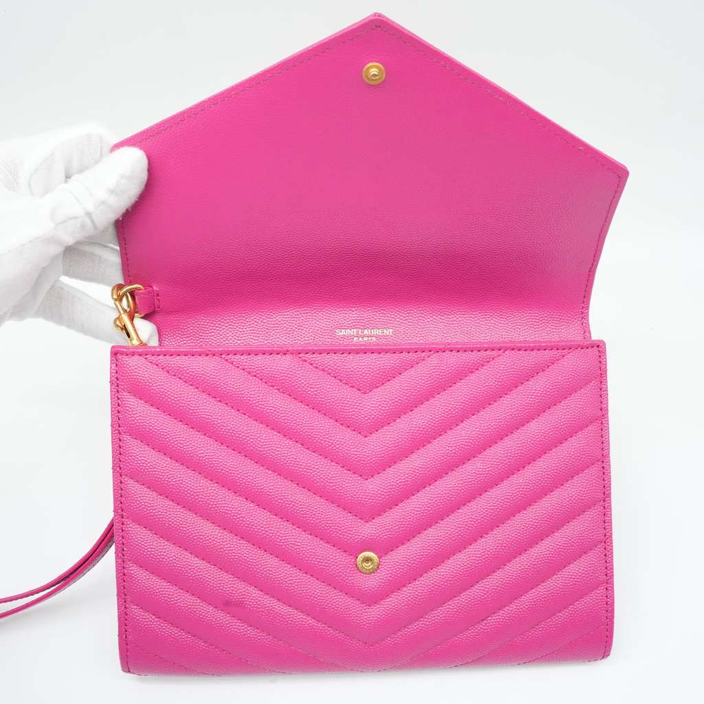 Saint Laurent Grain De Poudre Matelasse Chevron Monogram Envelope Clutch Fuxia Couture - Image 10