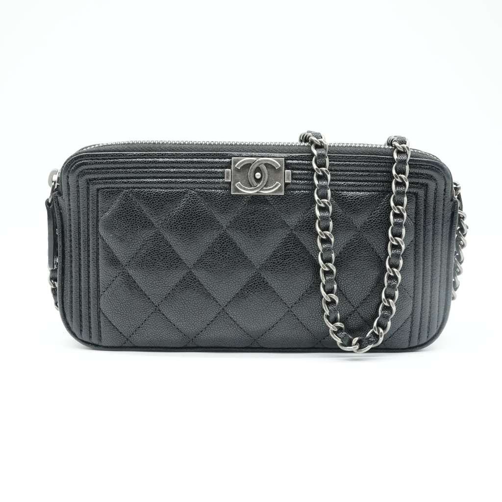 Chanel Boy Double Zip Chain Wallet Black Quilted Caviar Leather