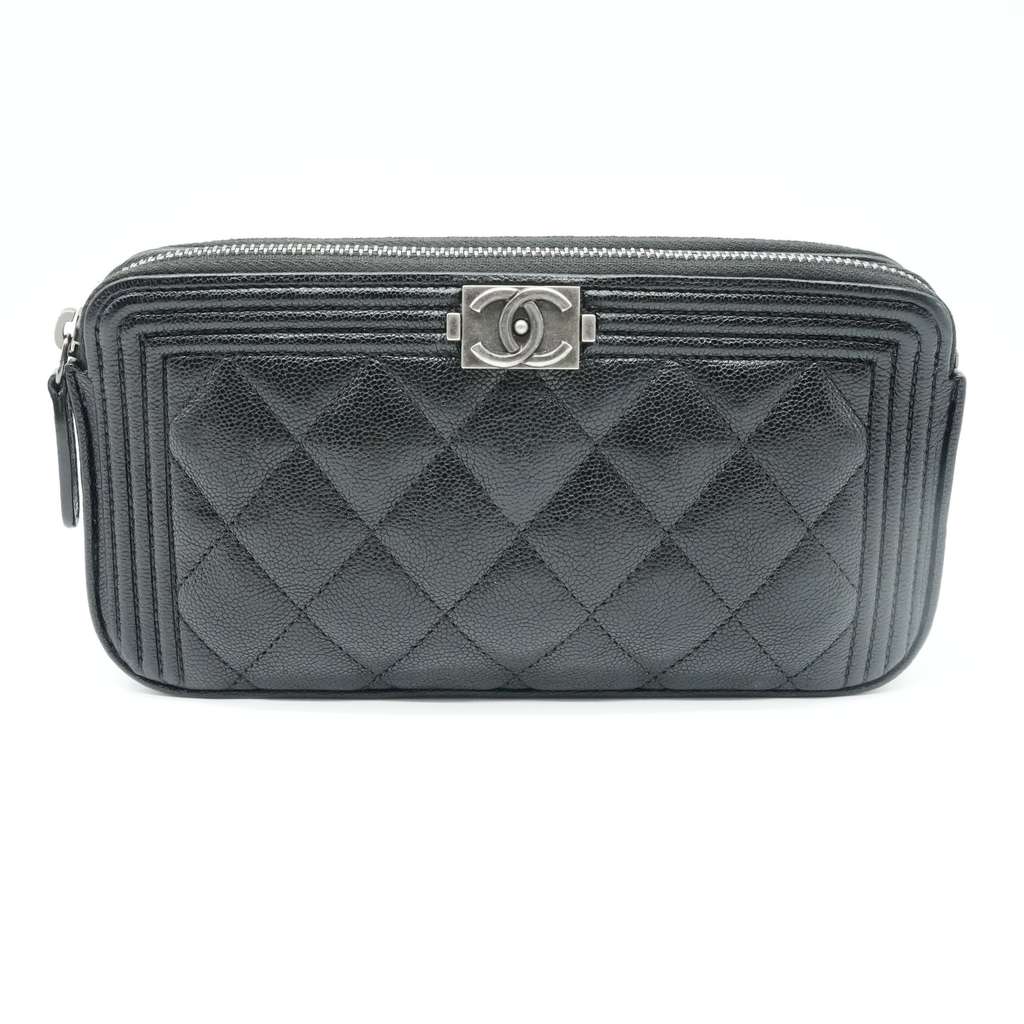 Chanel Boy Double Zip Chain Wallet Black Quilted Caviar Leather - Back view
