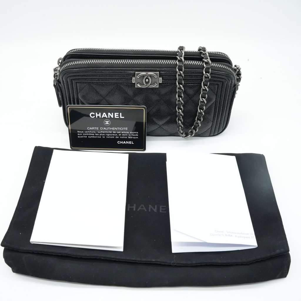Chanel Boy Double Zip Chain Wallet Black Quilted Caviar Leather - Image 20