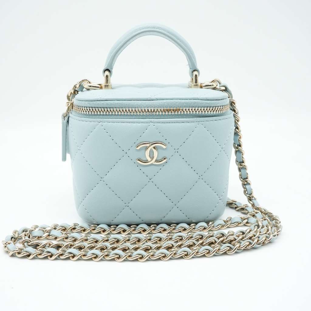 Chanel Mini Top Handle Vanity Case With Chain Light Blue Quilted Lambskin