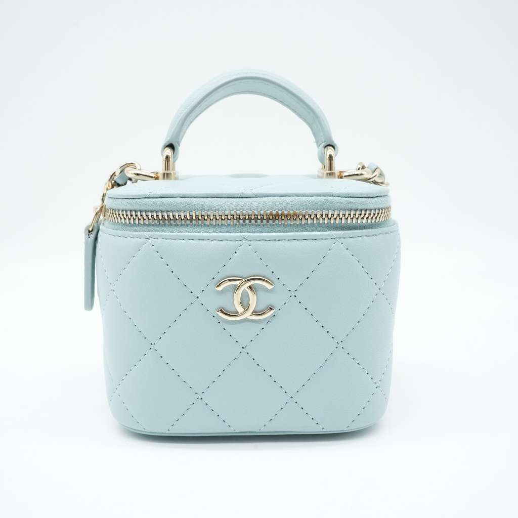 Chanel Mini Top Handle Vanity Case With Chain Light Blue Quilted Lambskin - Back view