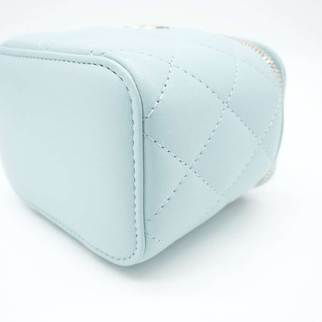 Chanel Mini Top Handle Vanity Case With Chain Light Blue Quilted Lambskin - Image 10