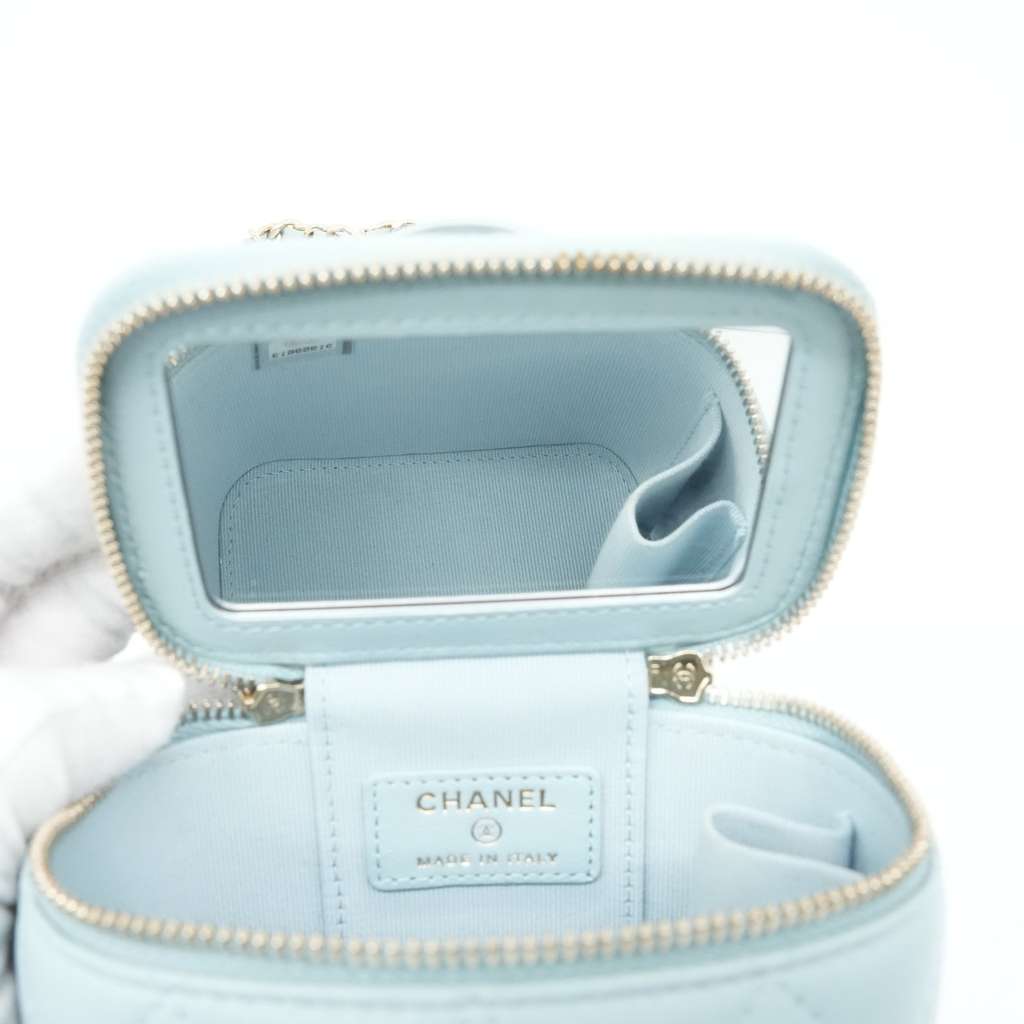 Chanel Mini Top Handle Vanity Case With Chain Light Blue Quilted Lambskin - Image 12