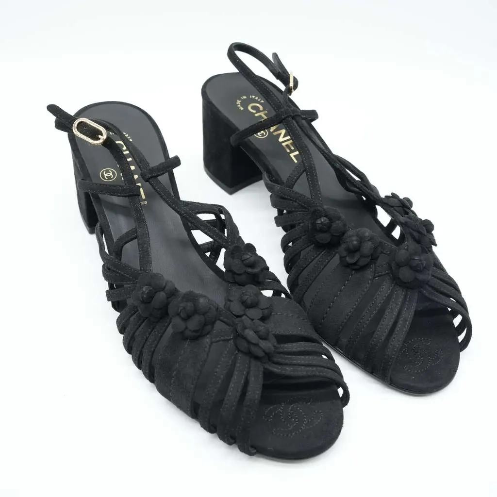 Chanel Black Suede Mule Sandals Camellia Flower Gold Tone Buckle Size 40C Black Suede Fair - Back View