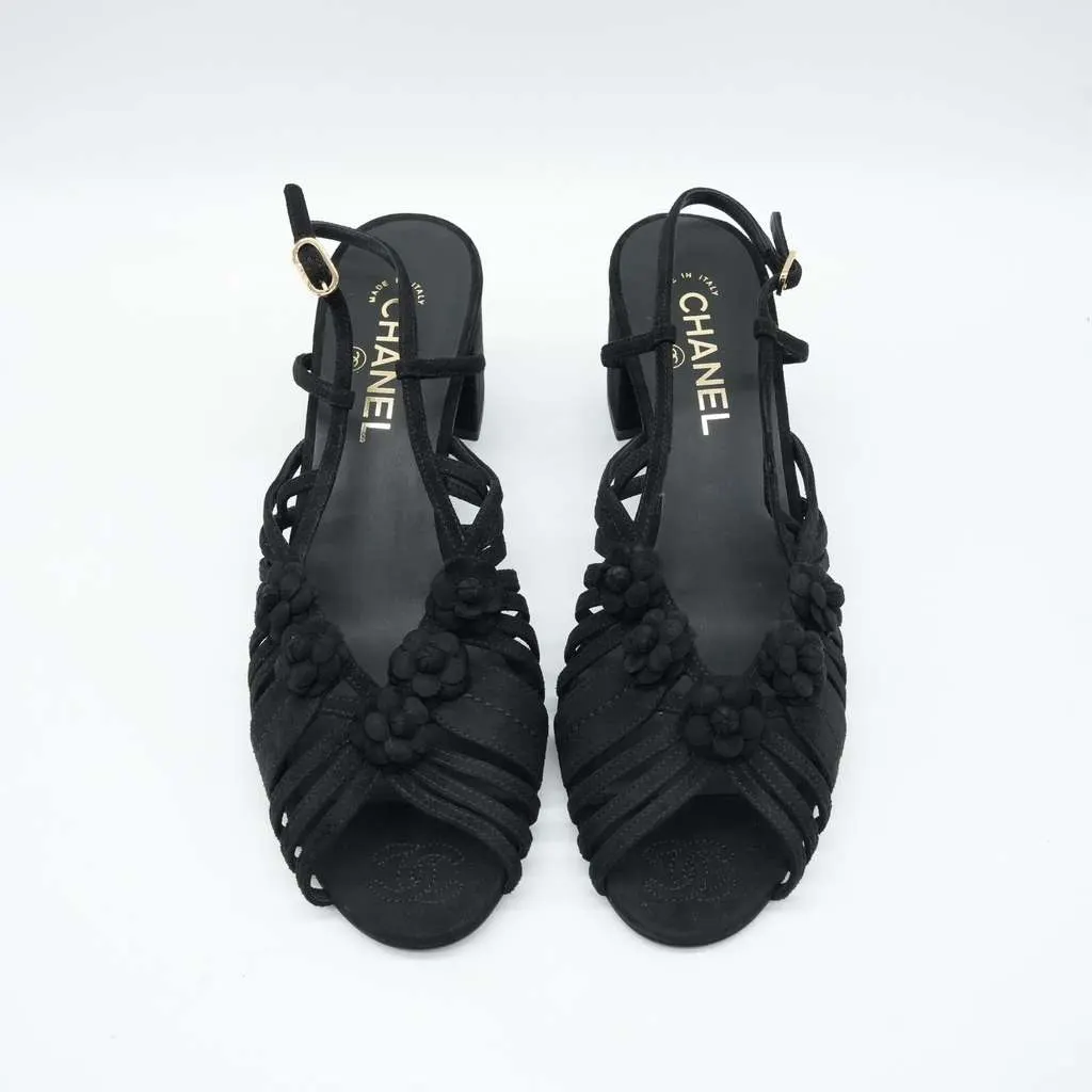 Chanel Black Suede Mule Sandals Camellia Flower Gold Tone Buckle Size 40C Black Suede Fair - Inside View