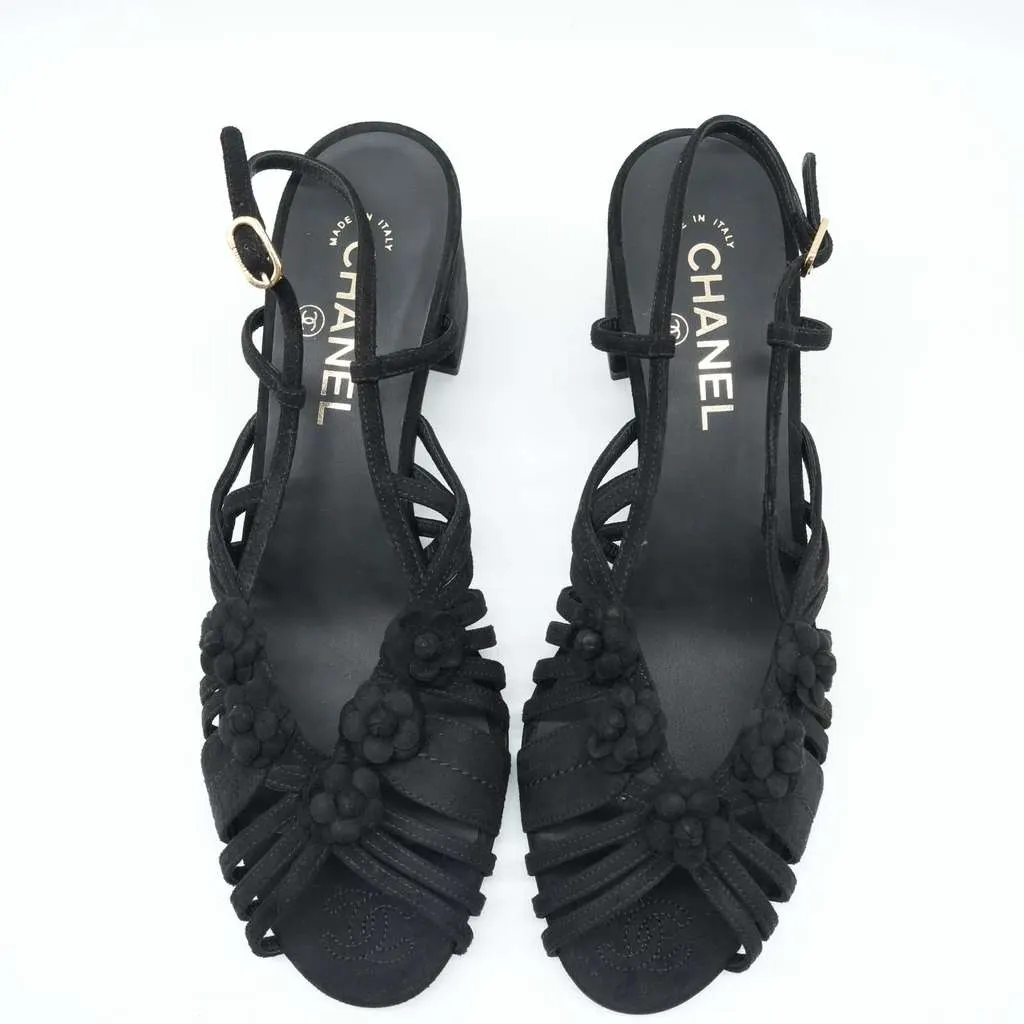 Chanel Black Suede Mule Sandals Camellia Flower Gold Tone Buckle Size 40C Black Suede Fair - Model View