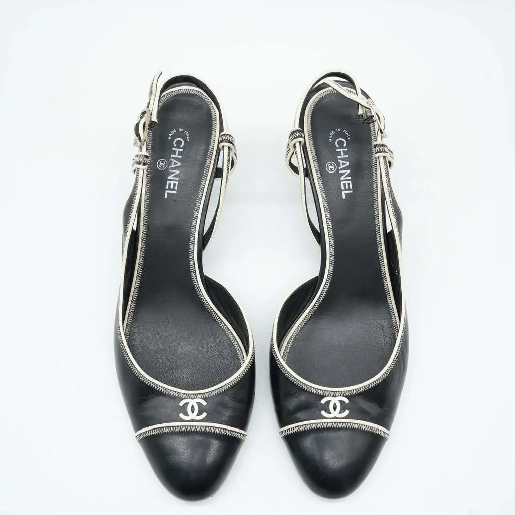 Chanel Slingback Pumps CoCo Round Toe Black & Beige Leather 08C F G25871 Size 41 Black Leather Fair - Back View