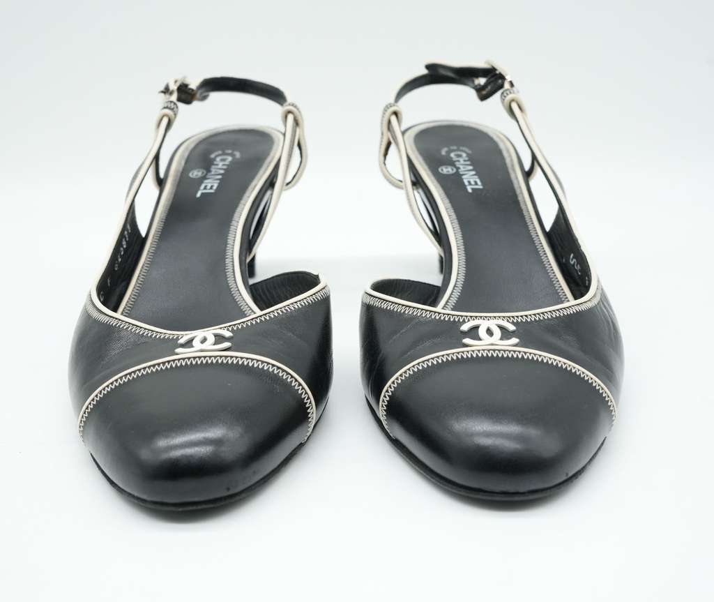 Chanel Slingback Pumps CoCo Round Toe Black & Beige Leather 08C F G25871 Size 41 - 3