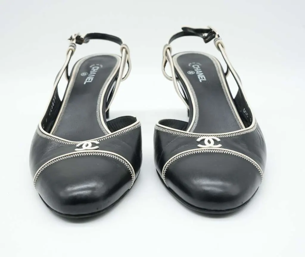 Chanel Slingback Pumps CoCo Round Toe Black & Beige Leather 08C F G25871 Size 41 Black Leather Fair - Inside View