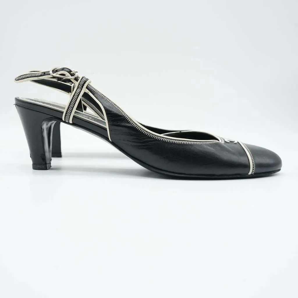 Chanel Slingback Pumps CoCo Round Toe Black & Beige Leather 08C F G25871 Size 41 Black Leather Fair - Model View