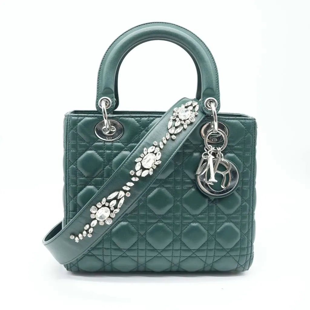 Dior Lady Dior Bag Medium Cannage Lambskin Leather Green Green Good - Front View