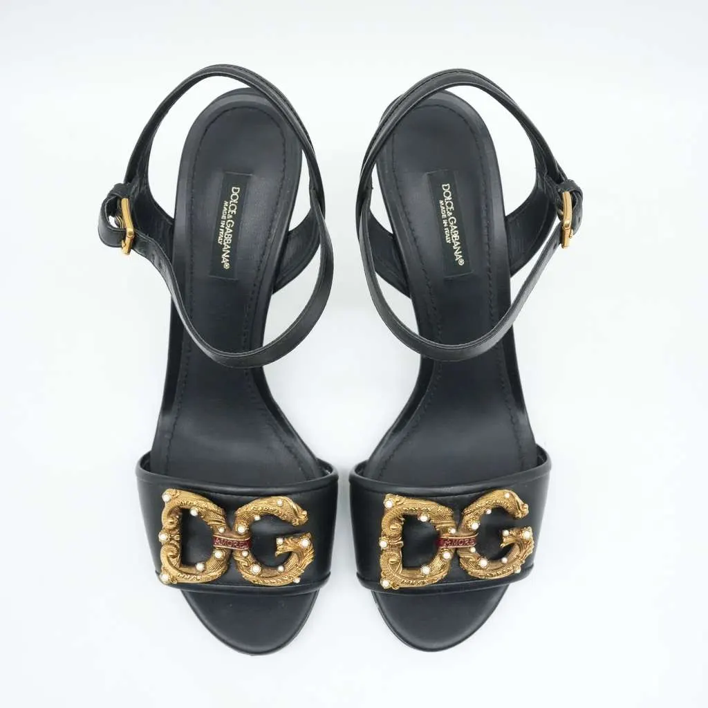 Dolce & Gabbana Sandals With D&G Amore Logo Calfskin Size 38 Black Leather Fair - Back View