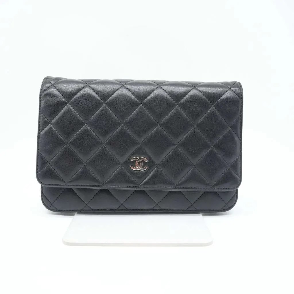 Chanel Wallet On Chain Black Lambaskin Sliver Tone Hard ware Black Good - Back View