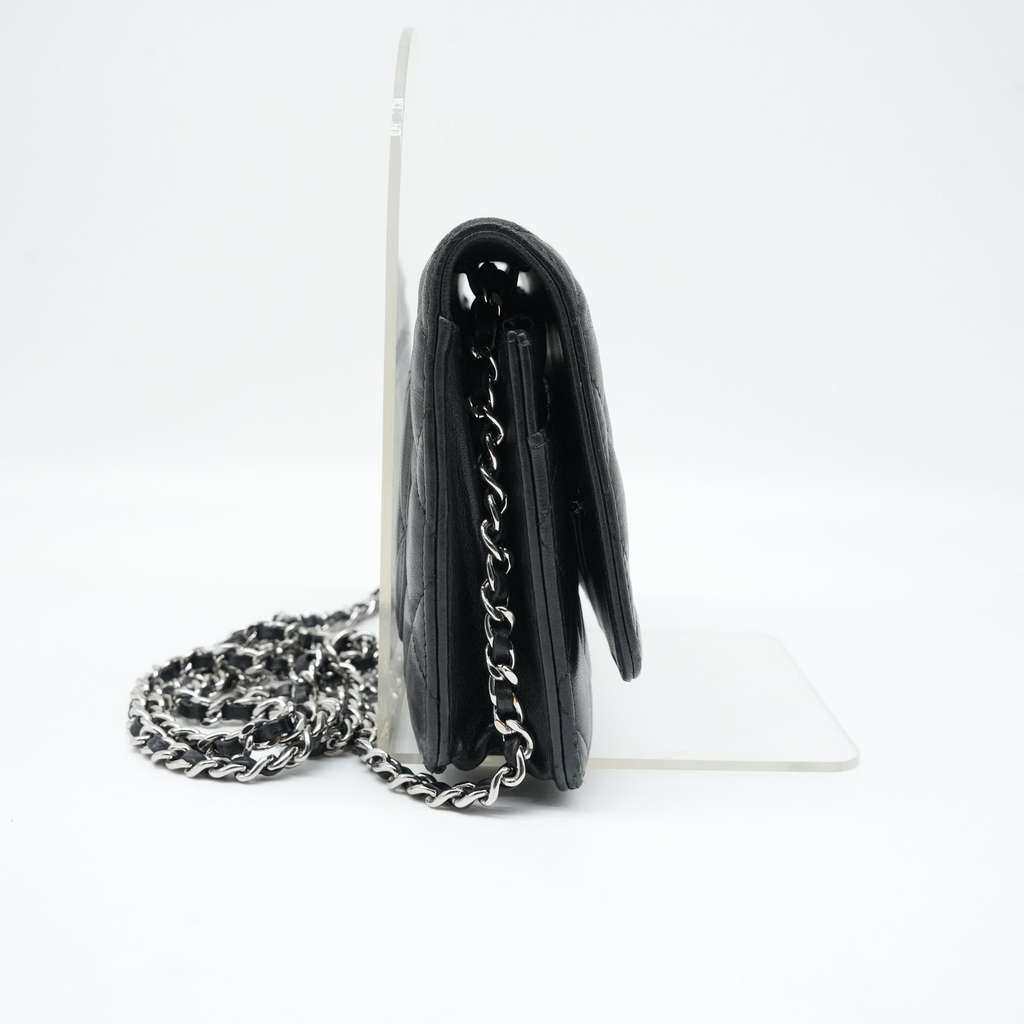 Chanel Wallet On Chain Black Lambaskin Sliver Tone Hard ware - 3