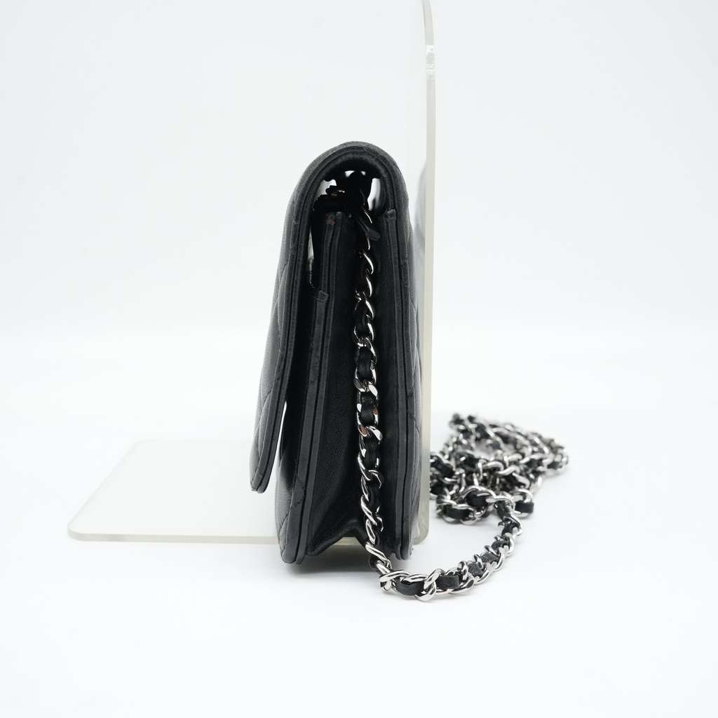 Chanel Wallet On Chain Black Lambaskin Sliver Tone Hard ware - 5