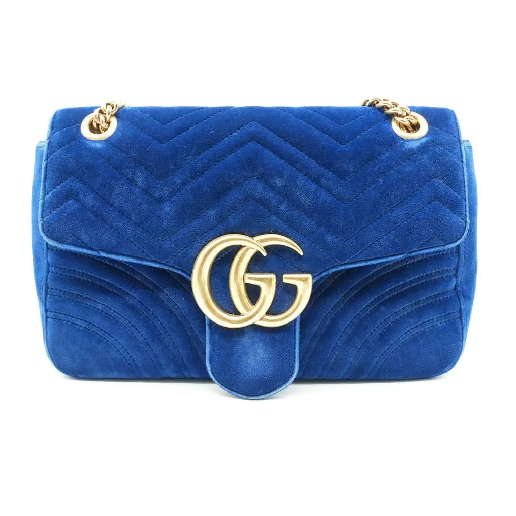 Gucci GG Marmont Shoulder Bag Navy Blue Velvet Blue Velvet Fair - Front View