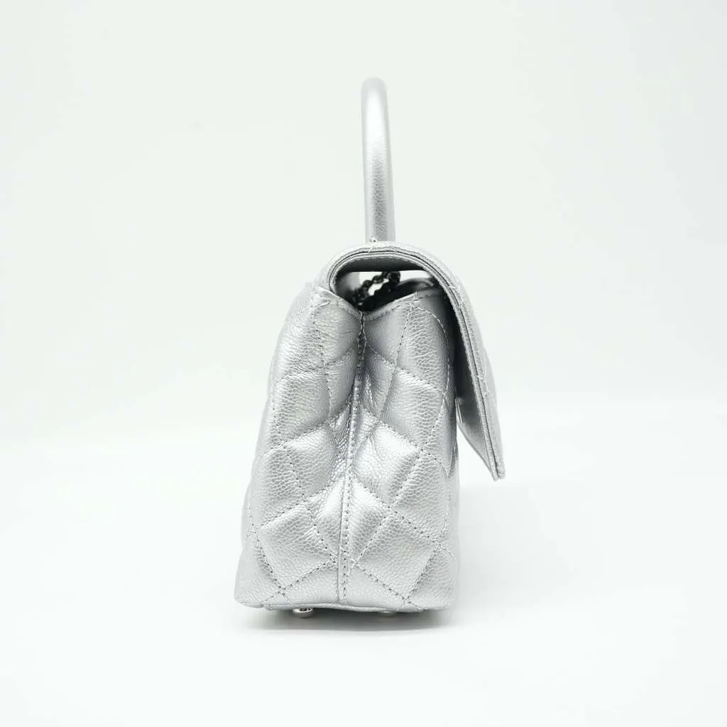 Chanel Coco Handle Flap Mini Metallic Caviar Quilted Silver Silver Leather Good - Back View