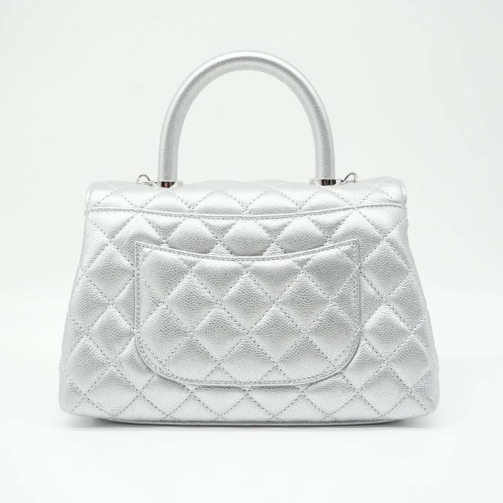 Chanel Coco Handle Flap Mini Metallic Caviar Quilted Silver Silver Leather Good - Inside View