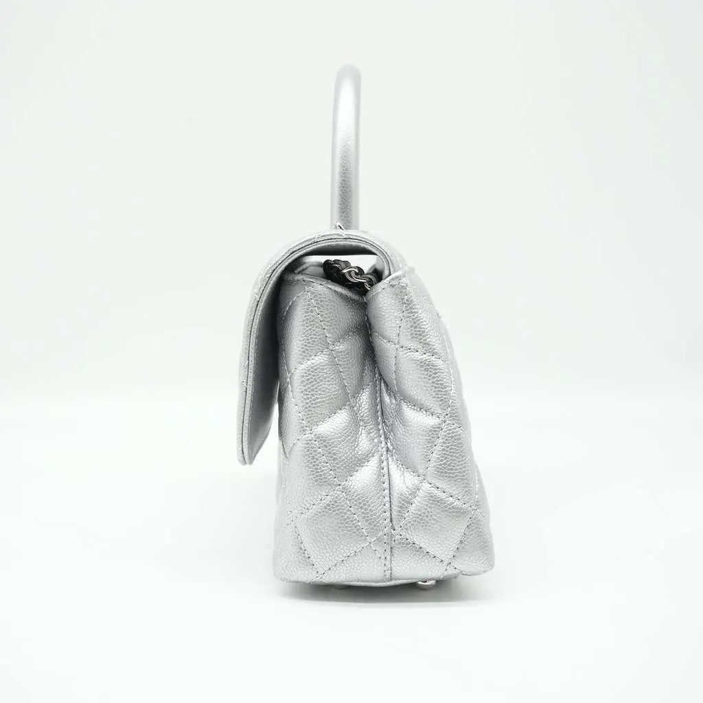 Chanel Coco Handle Flap Mini Metallic Caviar Quilted Silver Silver Leather Good - Model View