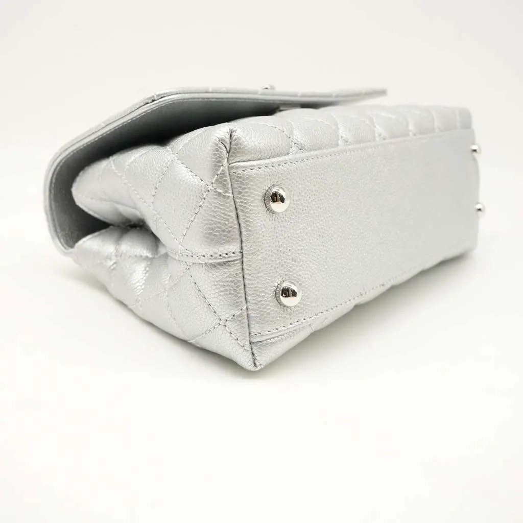Chanel Coco Handle Flap Mini Metallic Caviar Quilted Silver Silver Leather Good - Box View